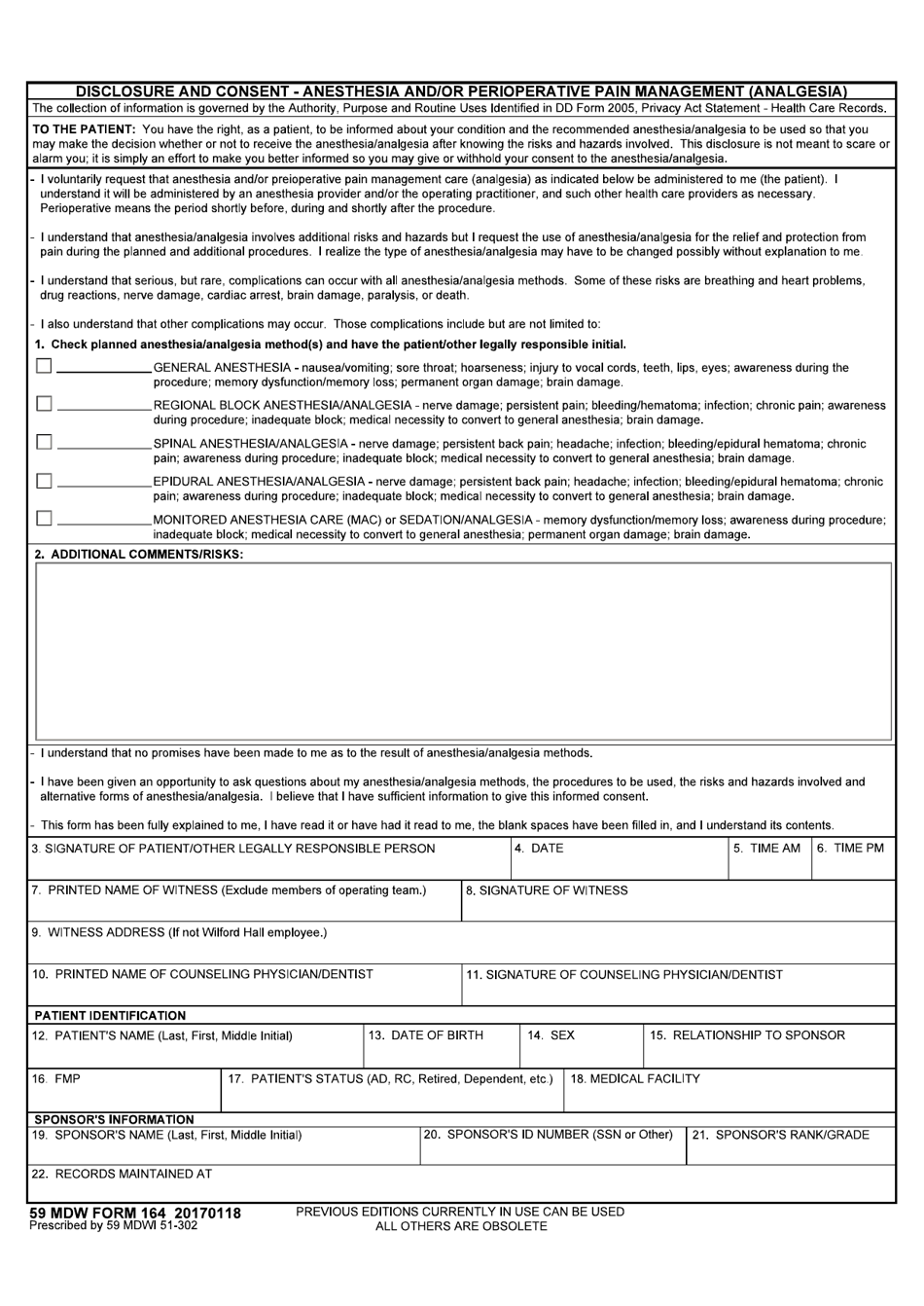 59 MDW Form 164 Disclosure and Consent - Anesthesia and / or Perioperative Pain Management (Analgesia), Page 1
