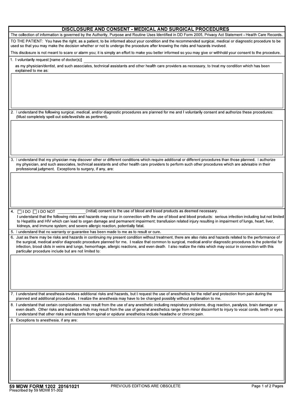 59 MDW Form 1202 Disclosure and Consent - Medical and Surgical Procedures, Page 1