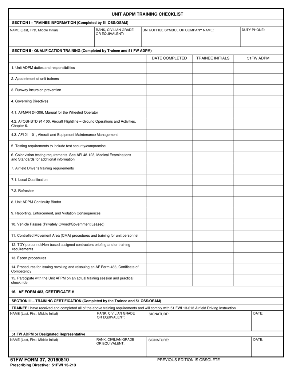 51 FW Form 37 Unit Adpm Training Checklist, Page 1