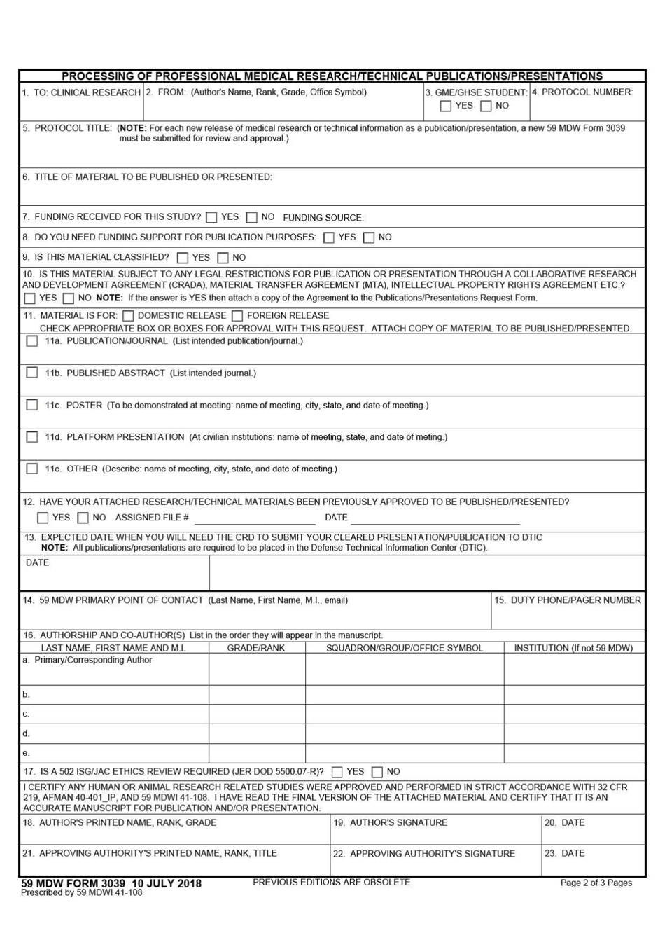 59 MDW Form 3039 Processing of Professional Medical Research / Technical Publications / Presentations, Page 2