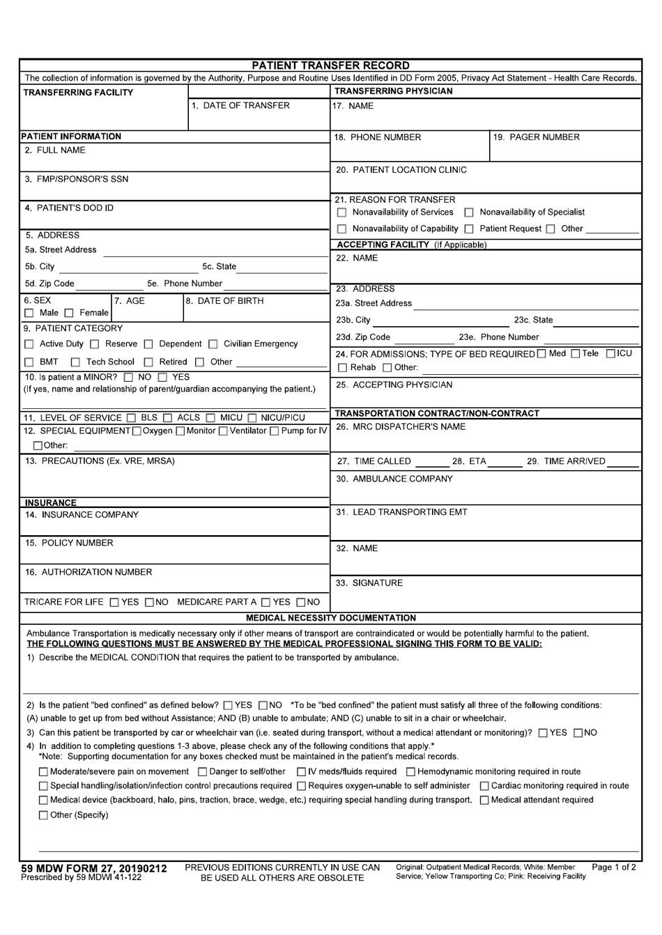 59 MDW Form 27 Patient Transfer Record, Page 1