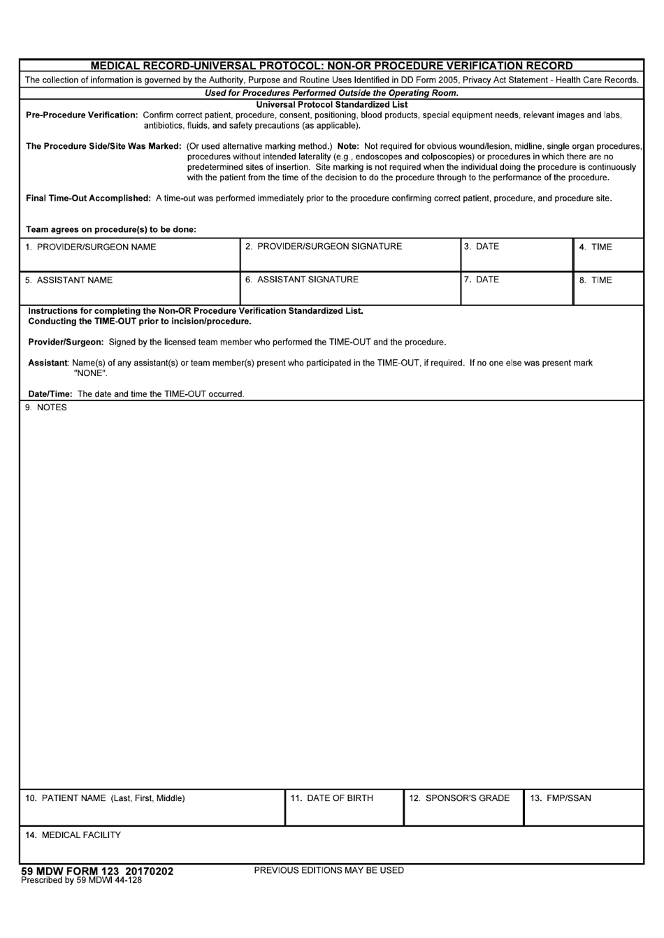 59 MDW Form 123 Medical Record - Universal Protocol - Non-or Procedure Verification Record, Page 1