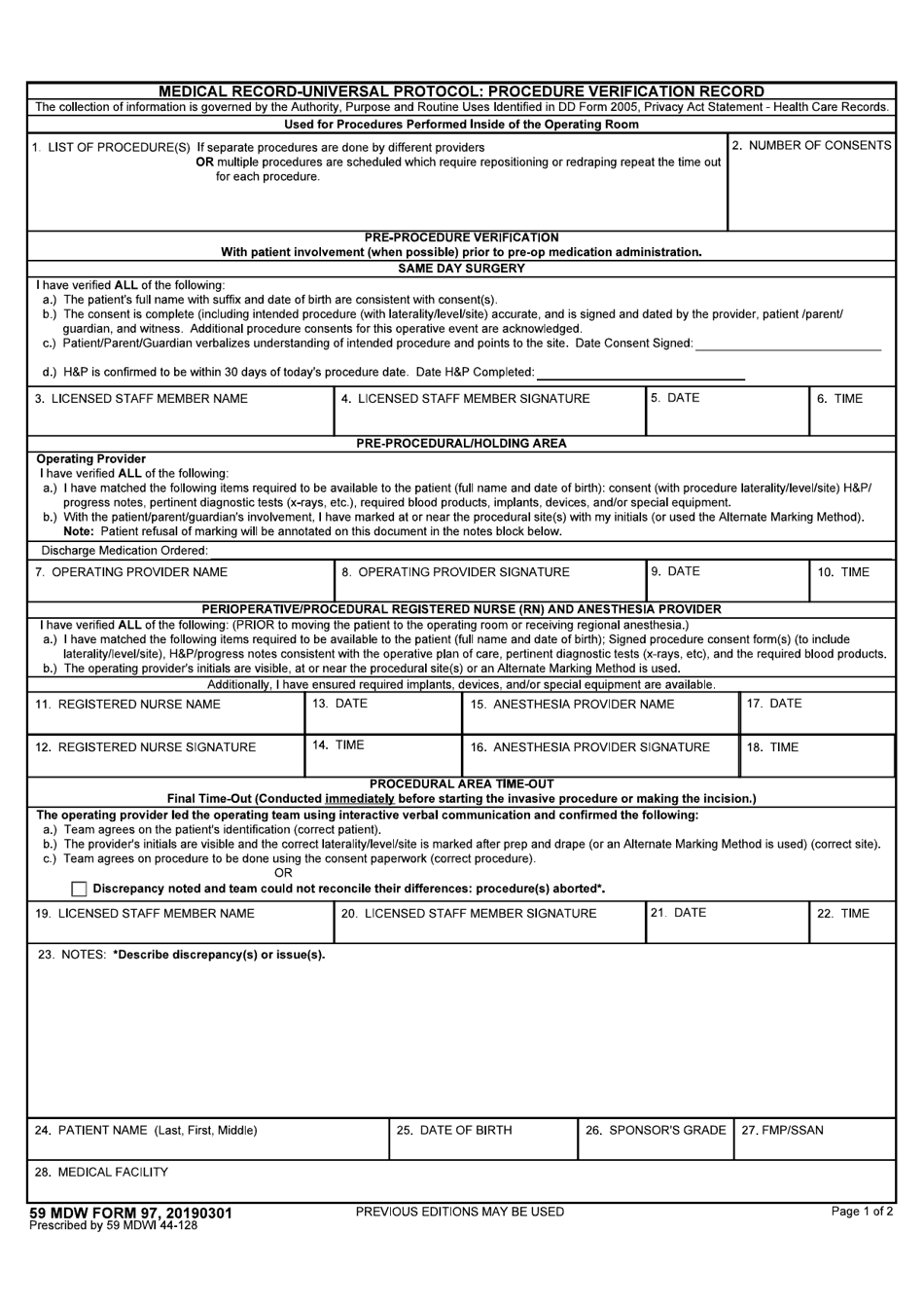 59 MDW Form 97 Medical Record - Universal Protocol - Procedure Verification Record, Page 1