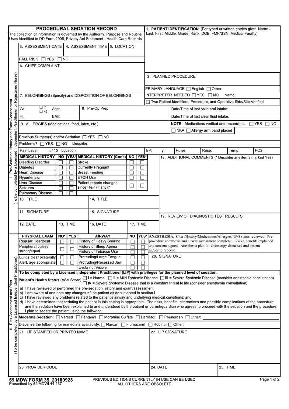 59 MDW Form 35 Procedural Sedation Record, Page 1
