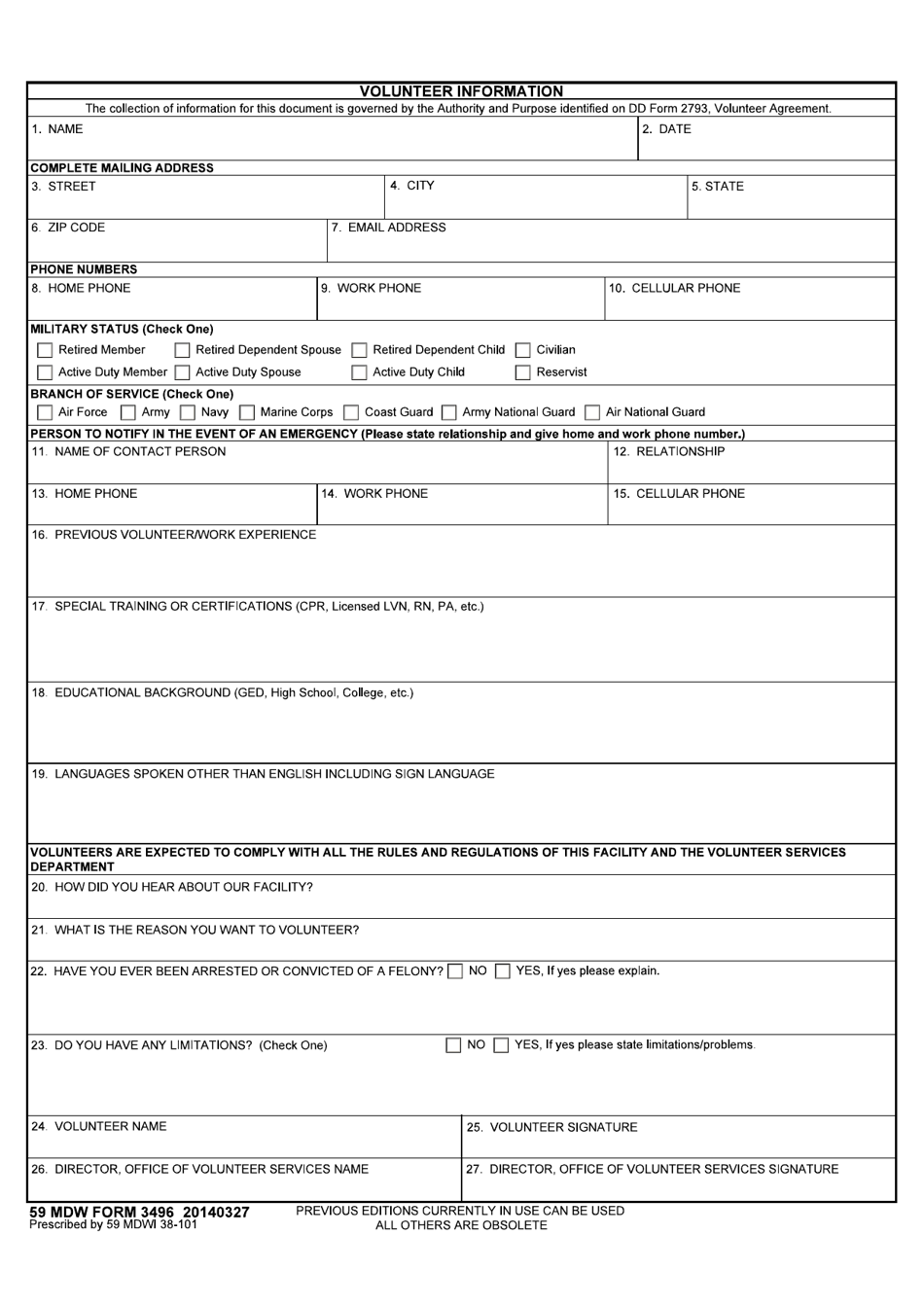 59 MDW Form 3496 Volunteer Information, Page 1