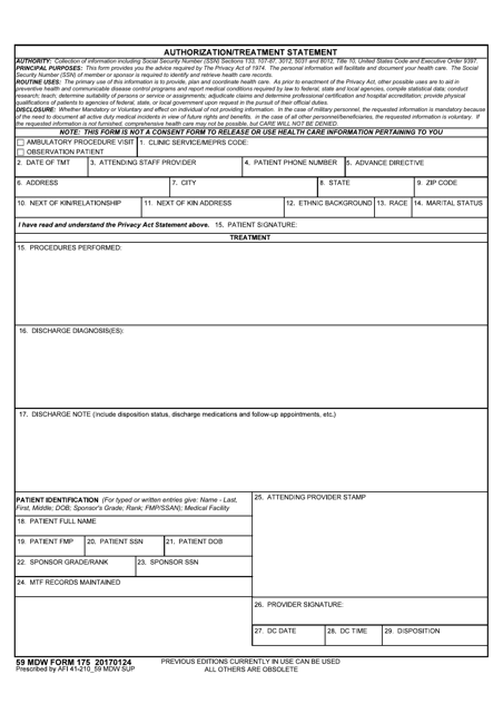 59 MDW Form 175 Authorization/Treatment Statement