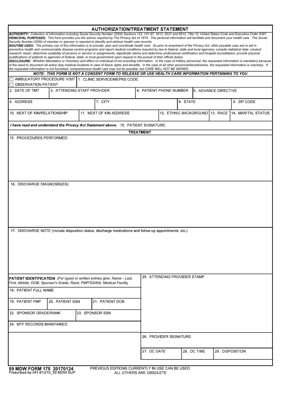 59 MDW Form 175 Authorization / Treatment Statement, Page 1