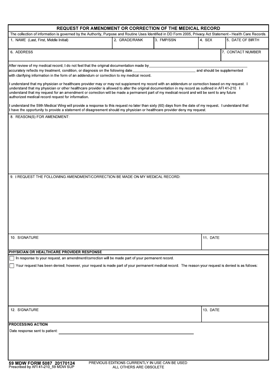 59 MDW Form 5087 Request for Amendment or Correction of the Medical Record, Page 1