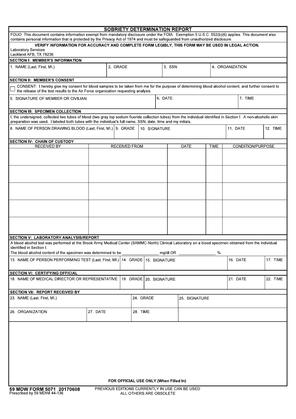 59 MDW Form 5071 Sobriety Determination Report, Page 1