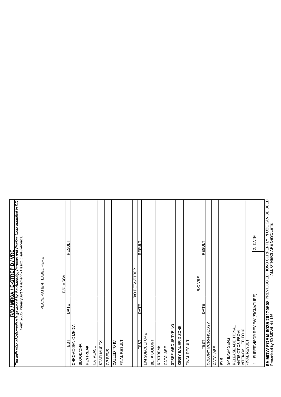 59 MDW Form 5029 R / O / Mrsa / B-Strep B / Vre, Page 1