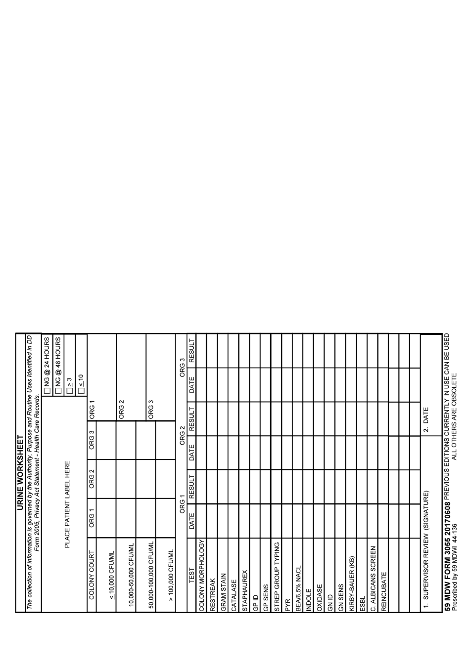 59 MDW Form 3055 Urine Worksheet, Page 1