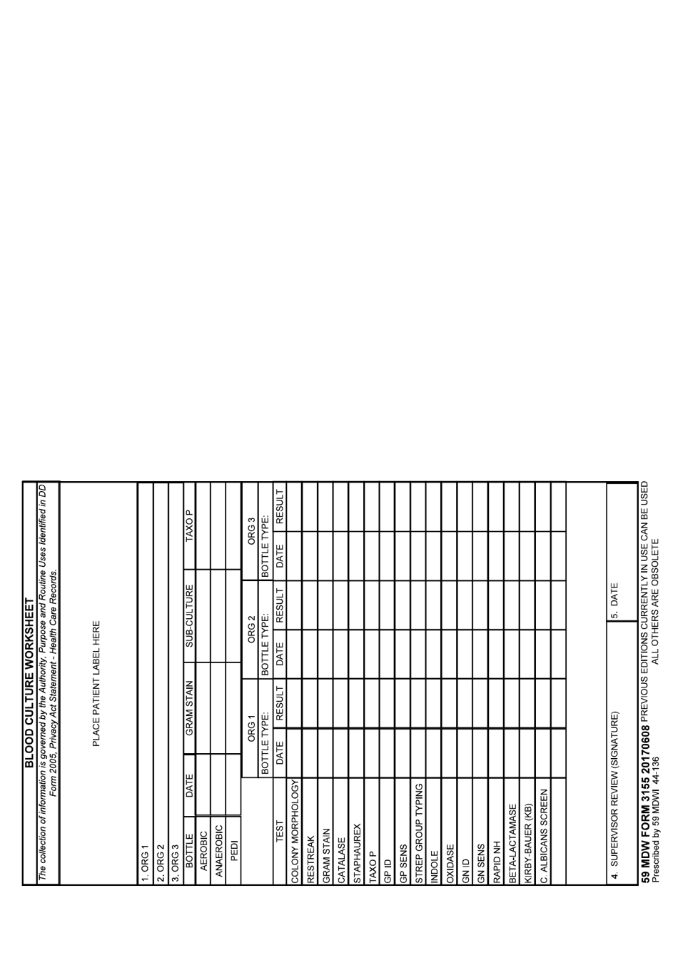 59 MDW Form 3155 Blood Culture Worksheet, Page 1