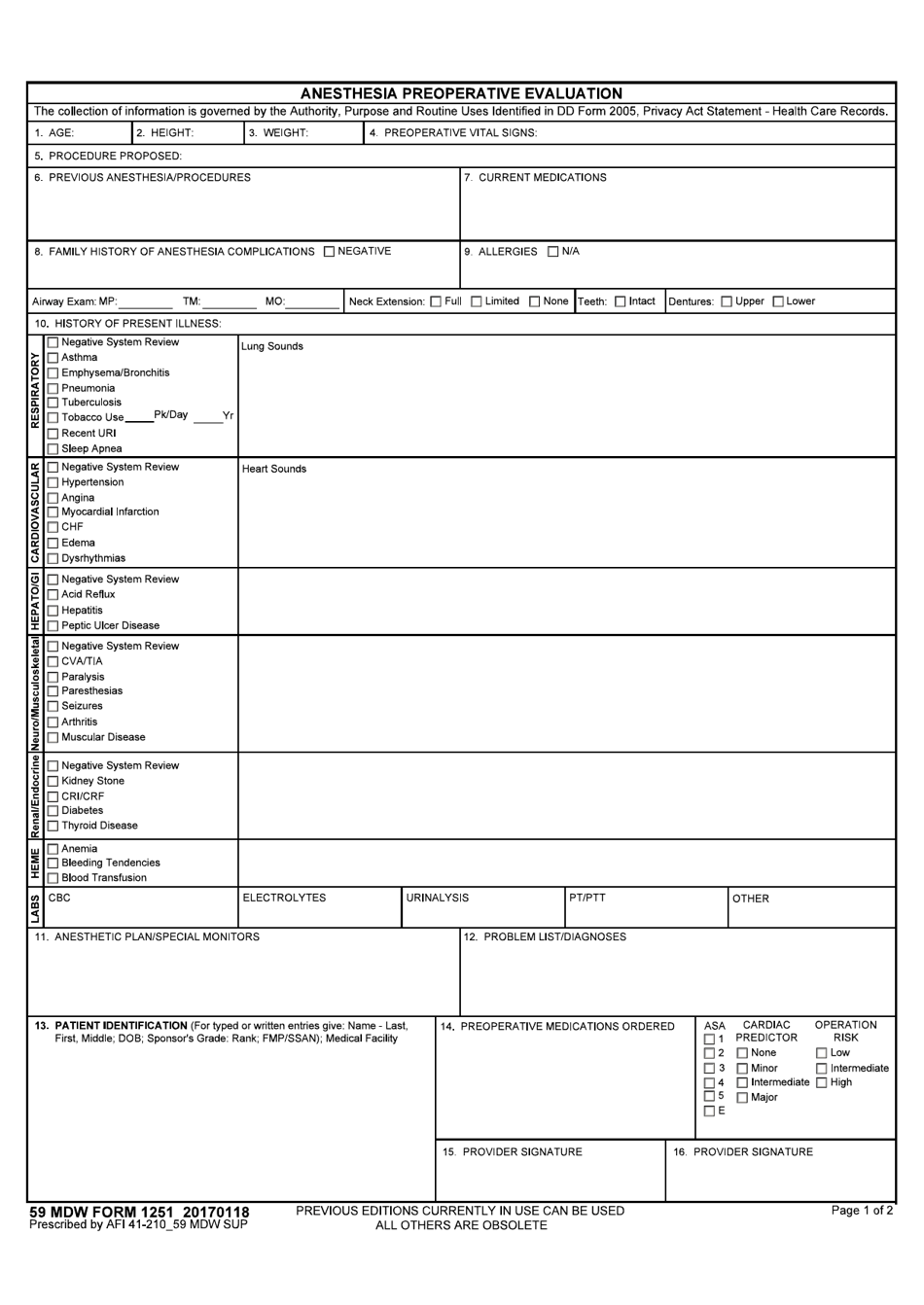 59 MDW Form 1251 Anesthesia Preoperative Evaluation, Page 1