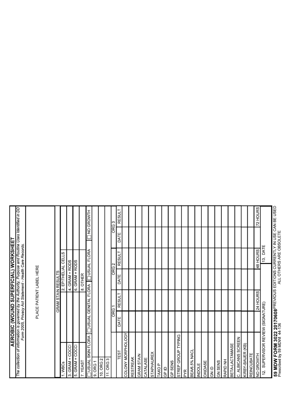 59 MDW Form 3022 Aerobic (Wound Superficial) Worksheet, Page 1
