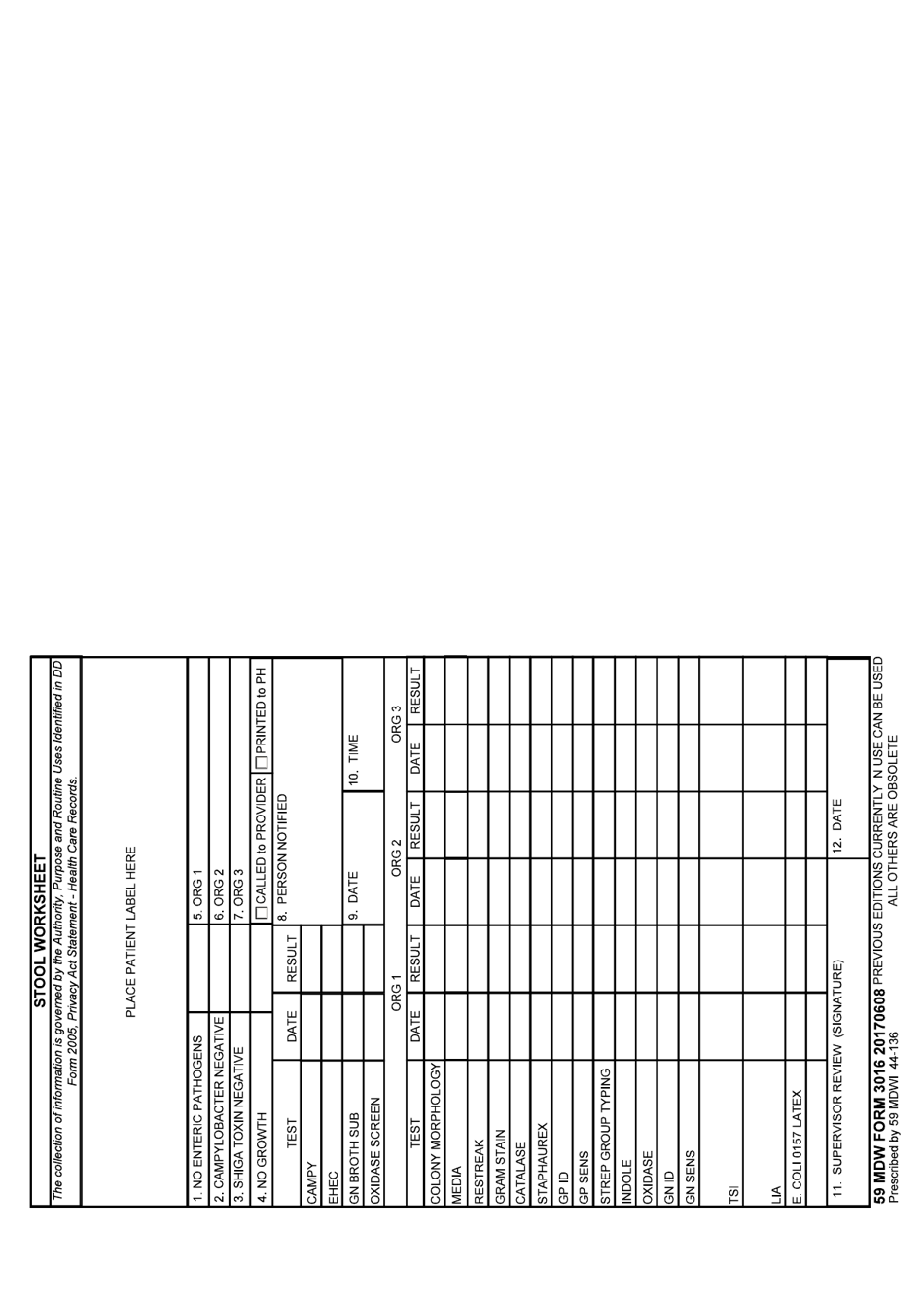 59 MDW Form 3016 Stool Worksheet, Page 1