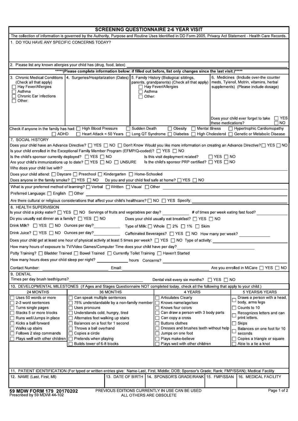 59 MDW Form 179 Screening Questionnaire 2-5 Year Visit, Page 1