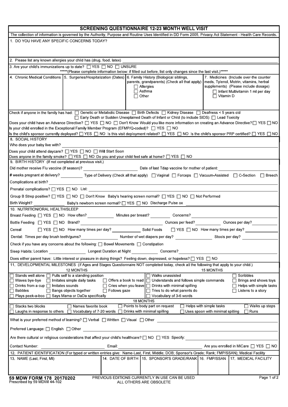 59 MDW Form 178 Screening Questionnaire 12-23 Month Well Visit, Page 1