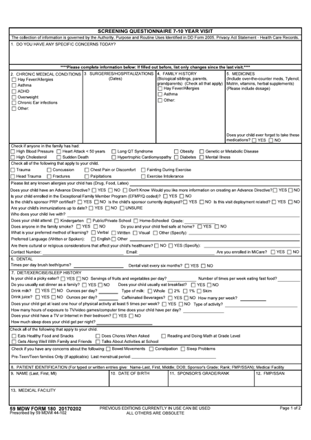 59 MDW Form 180 Screening Questionnaire 6-11 Year Visit