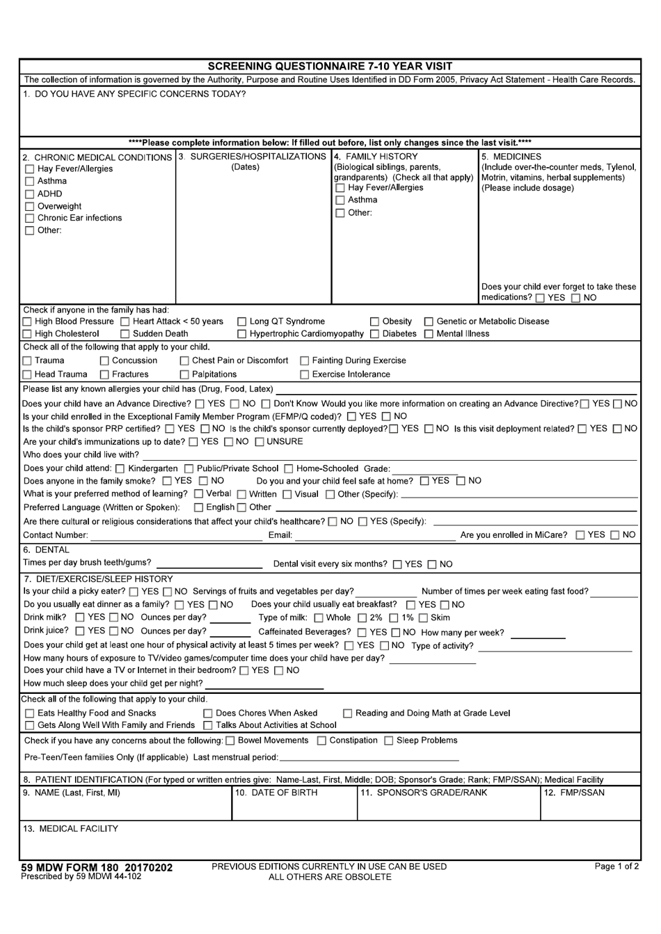 59 MDW Form 180 Screening Questionnaire 6-11 Year Visit, Page 1