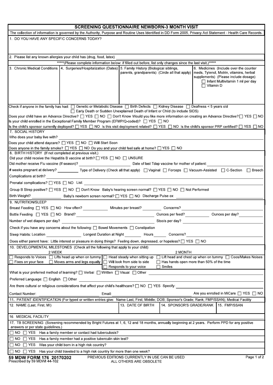 59 MDW Form 176 Screening Questionnaire Newborn-3 Month Visit, Page 1