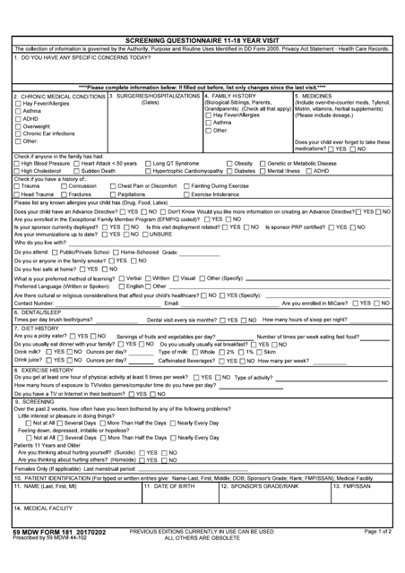 59 MDW Form 181 Screening Questionnaire 12-18 Year Visit