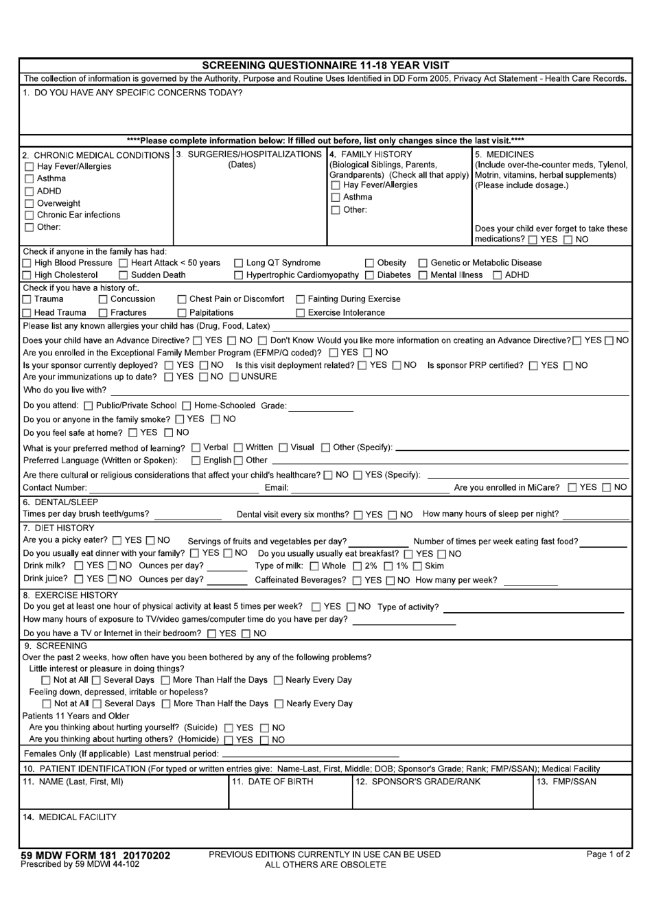 59 MDW Form 181 Screening Questionnaire 12-18 Year Visit, Page 1