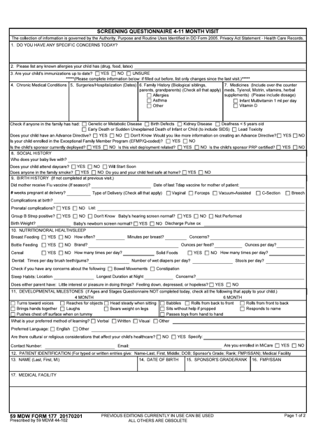 59 MDW Form 177 Screening Questionnaire 4-11 Month Visit