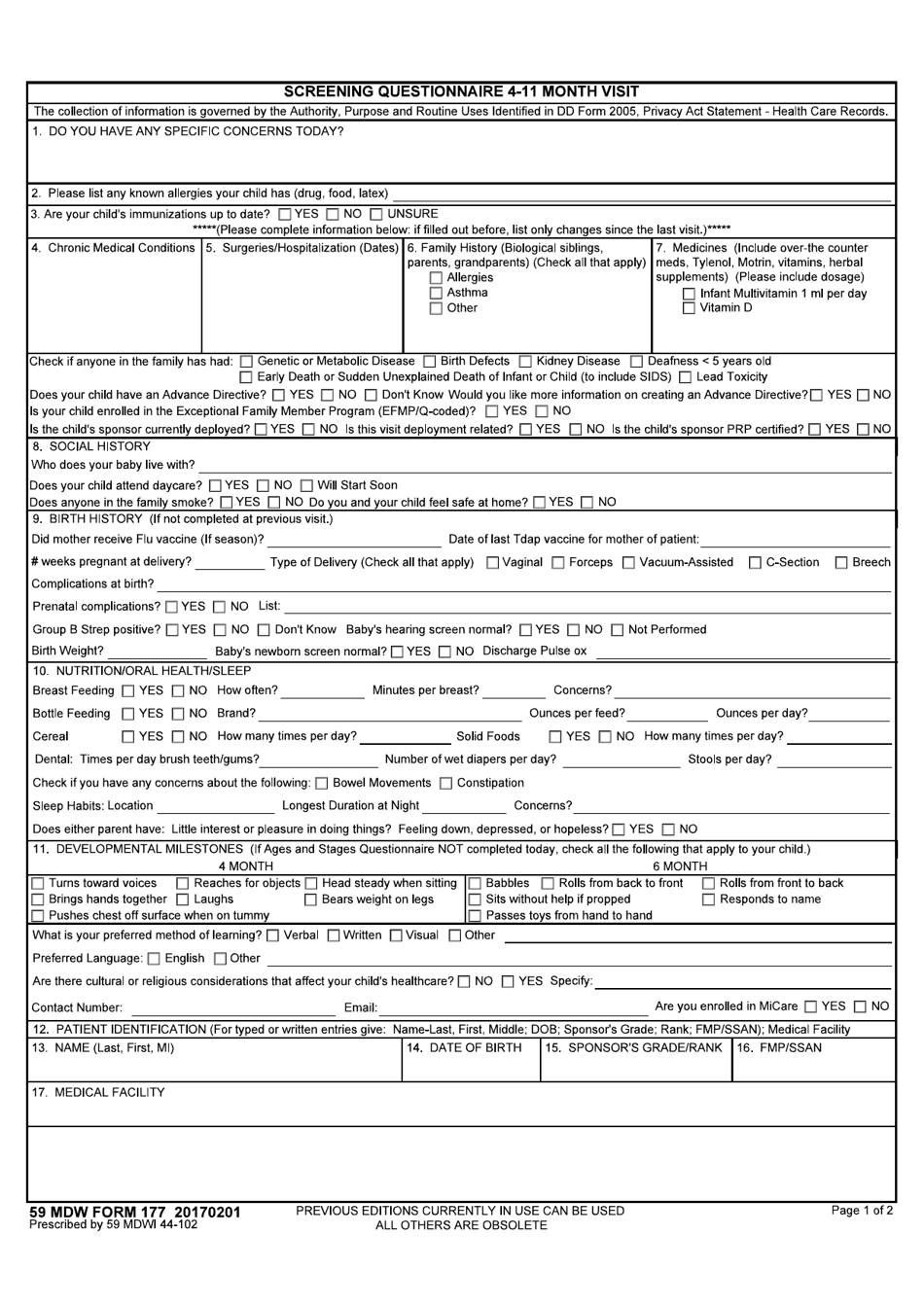 59 MDW Form 177 Screening Questionnaire 4-11 Month Visit, Page 1
