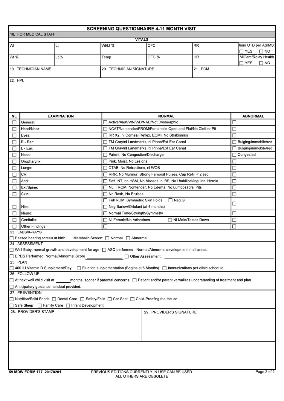 59 MDW Form 177 Screening Questionnaire 4-11 Month Visit, Page 2