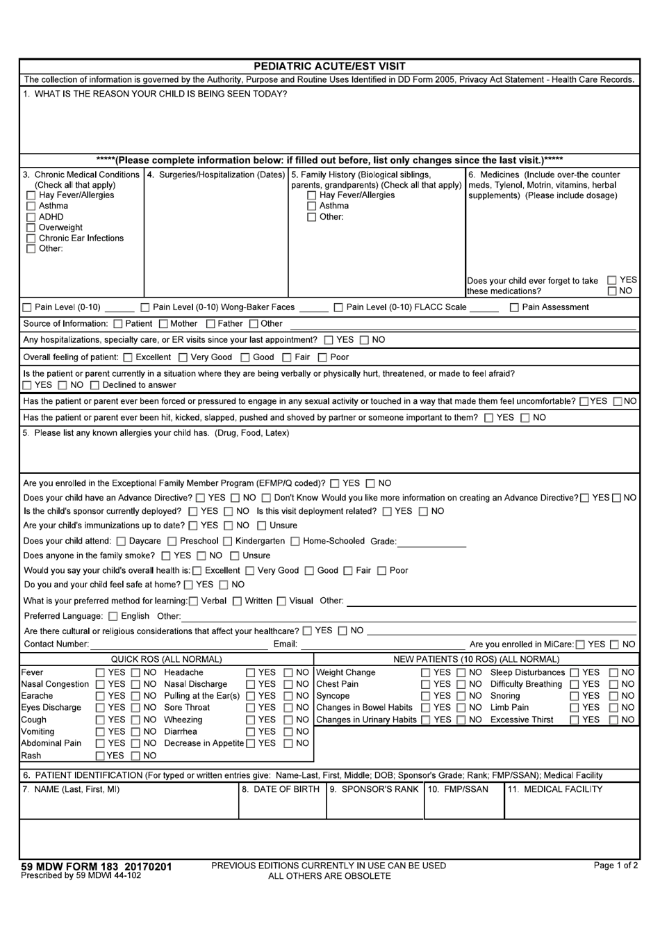 59 MDW Form 183 Pediatric Acute / Est Visit, Page 1