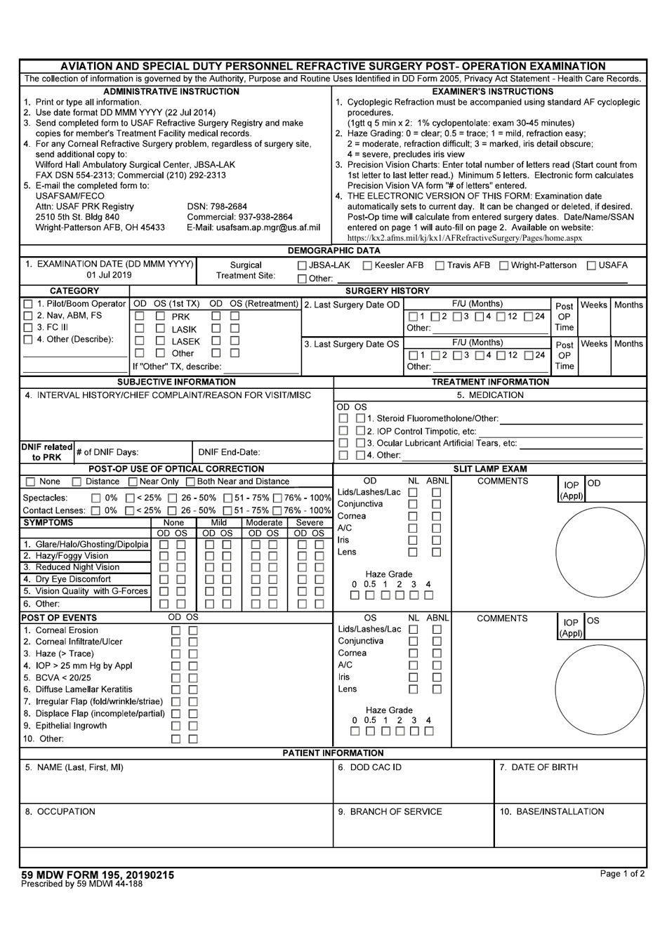 59 MDW Form 195 Aviation and Special Duty Personnel Refractive Surgery Post-operation Examination, Page 1