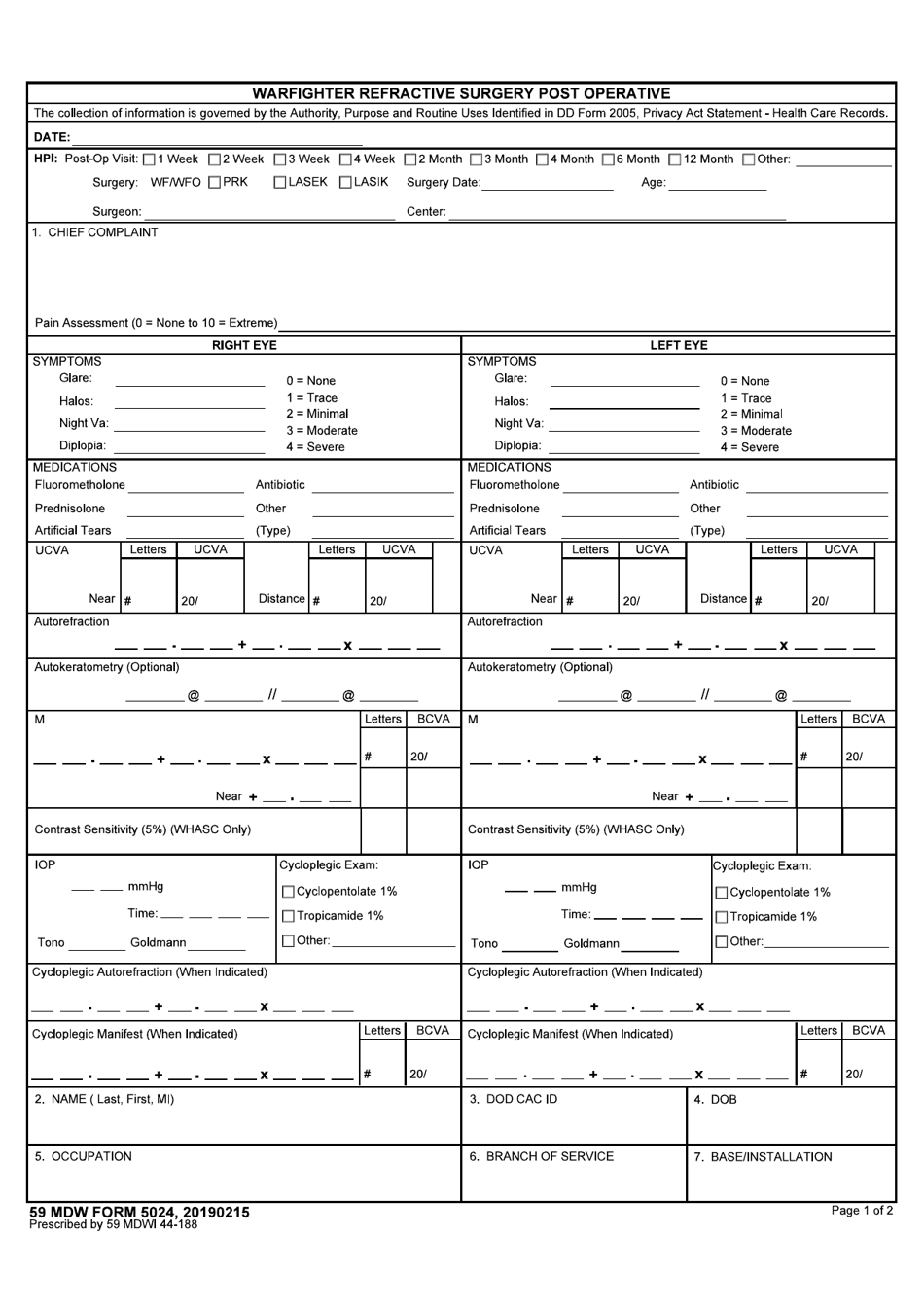 59 MDW Form 5024 Warfighter Refractive Surgery Post Operative, Page 1