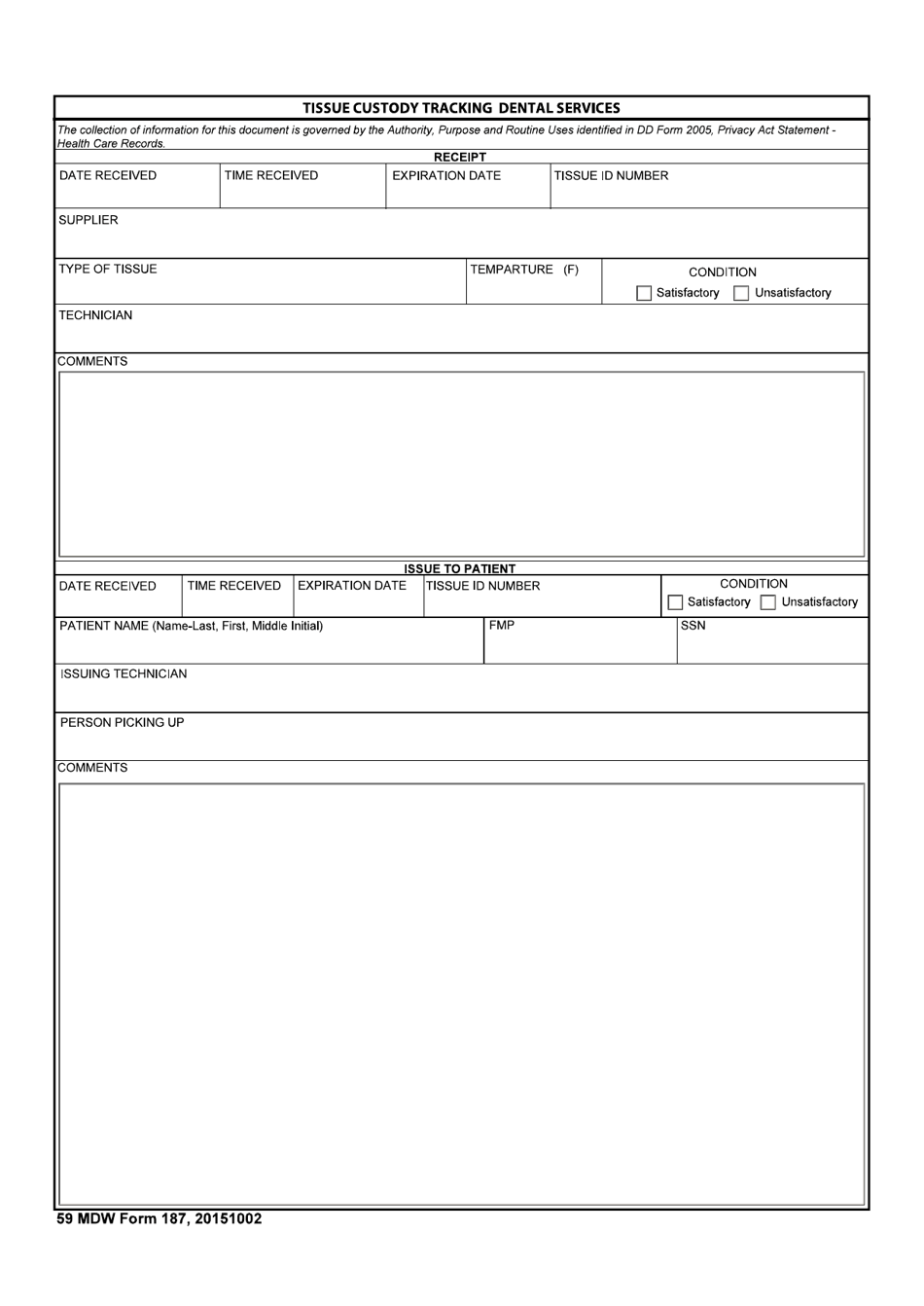 59 MDW Form 187 Tissue Custody Tracking Dental Services, Page 1