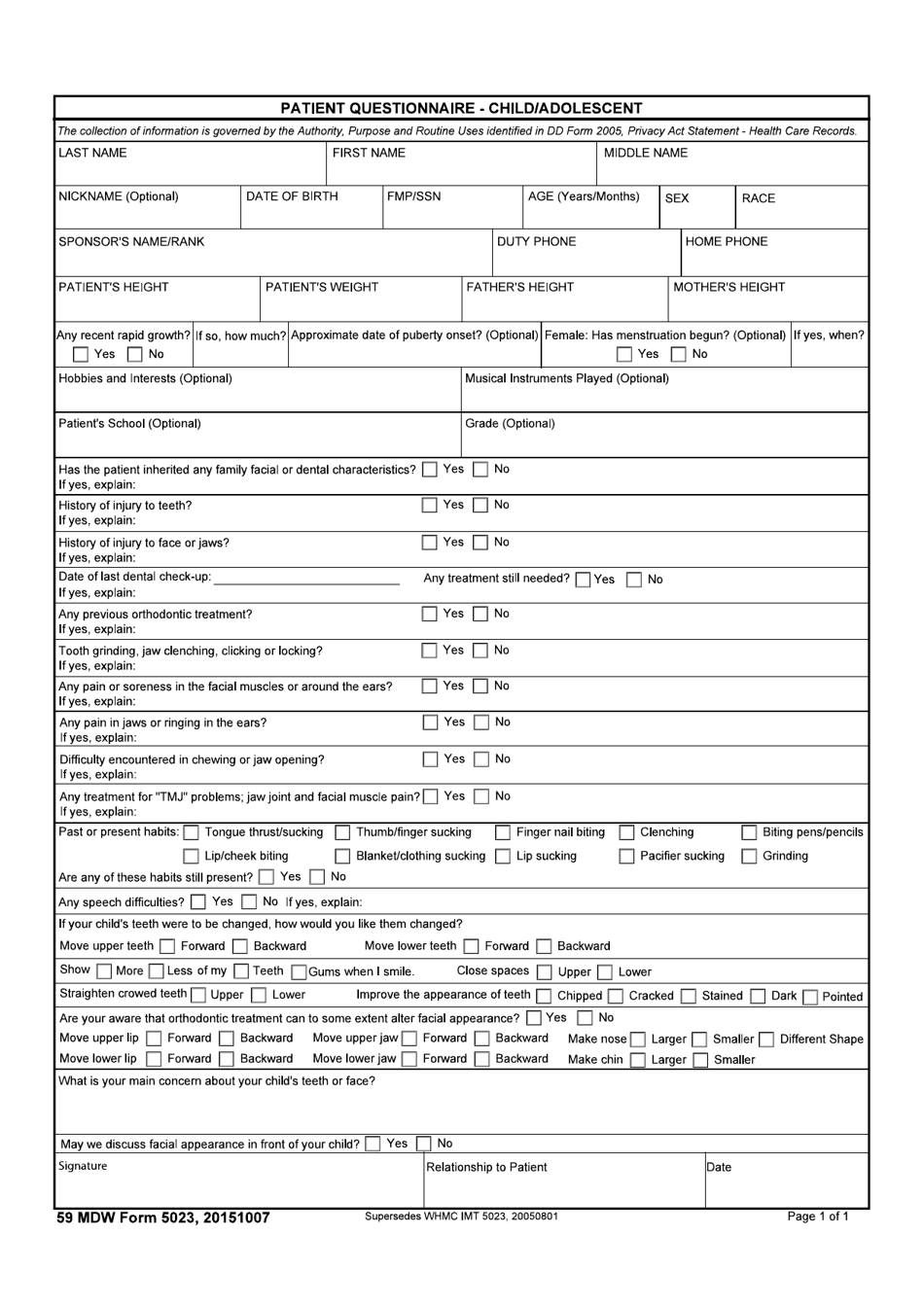 59 MDW Form 5023 Patient Questionnaire - Child/Adolescent, Page 1