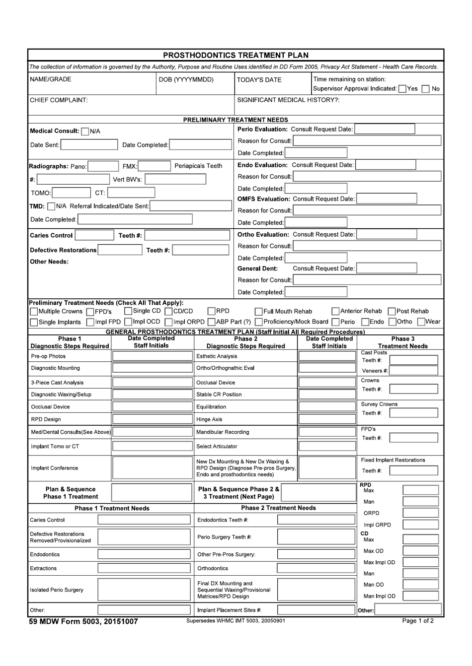 59 MDW Form 5003 Prosthodontics Treatment Plan, Page 1