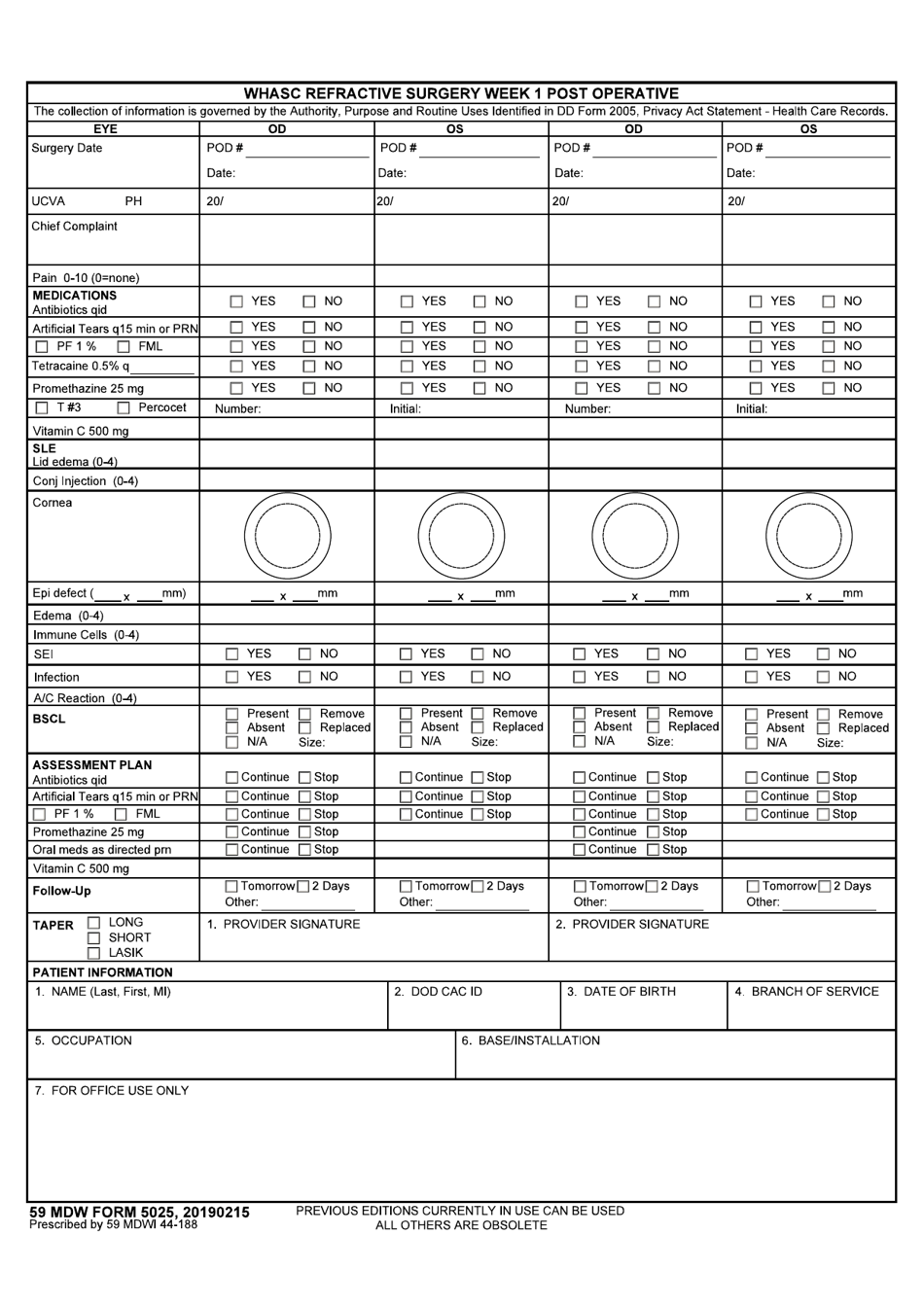 59 MDW Form 5025 Whasc Refractive Surgery Week 1 Post Operative, Page 1