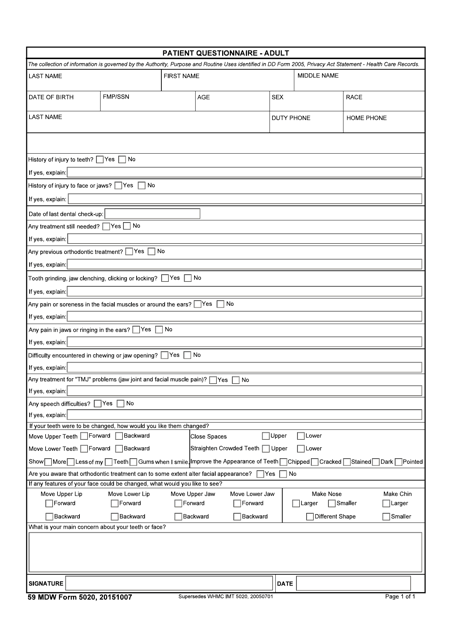 59 MDW Form 5020 Patient Questionnaire - Adult