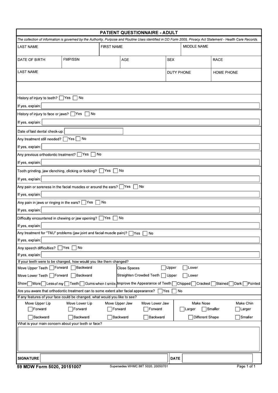 59 MDW Form 5020 Patient Questionnaire - Adult, Page 1
