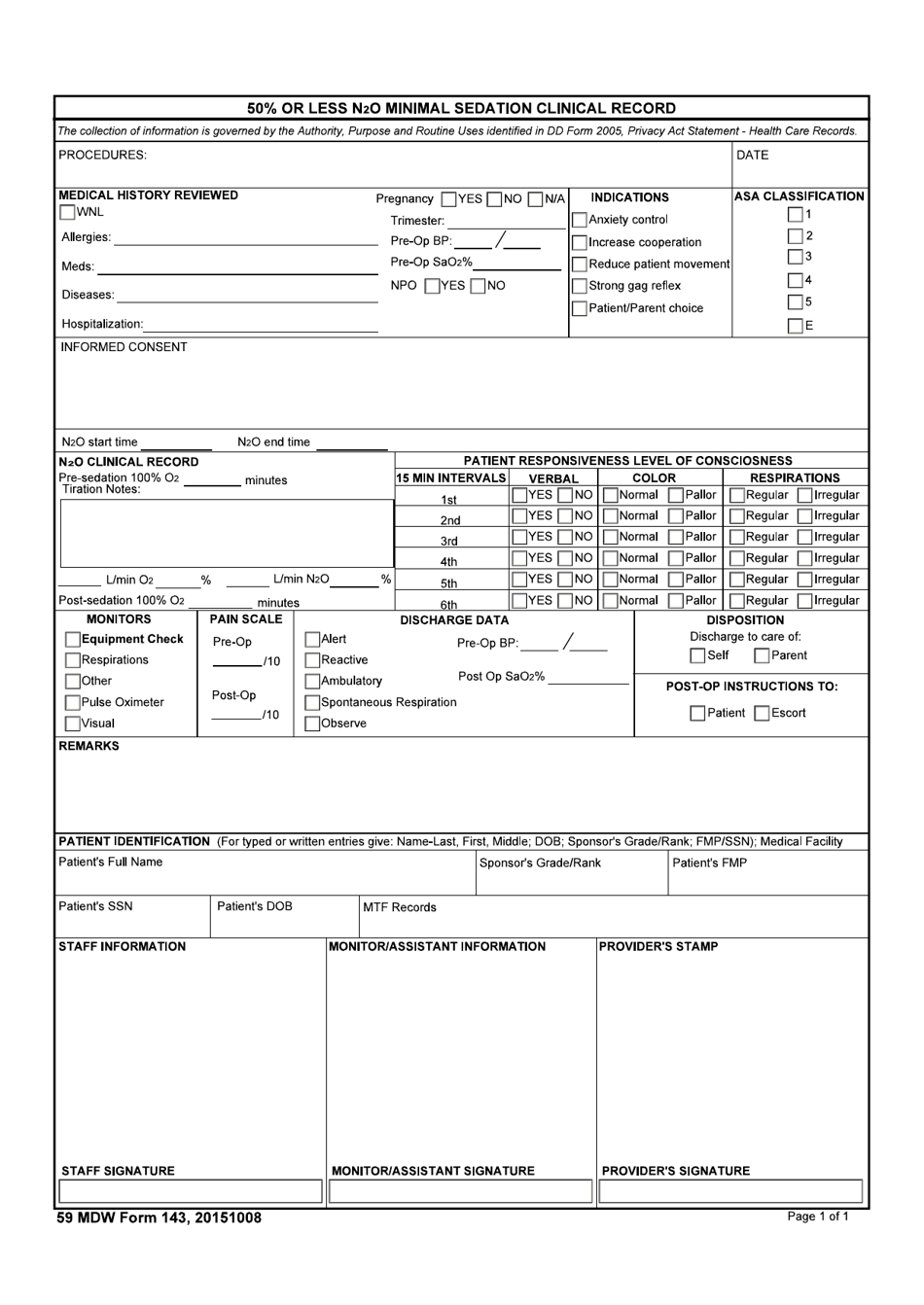 59 MDW Form 143 50% or Less N2o Minimal Sedation Clinical Record, Page 1