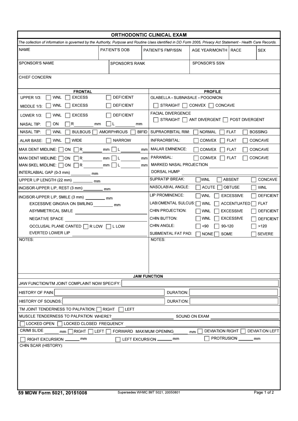 59 MDW Form 5021 Orthodontic Clinical Exam, Page 1