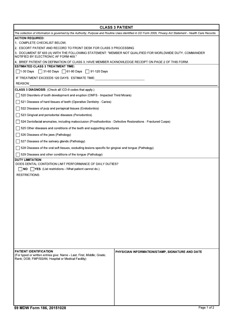 59 MDW Form 186 Class 3 Patient, Page 1