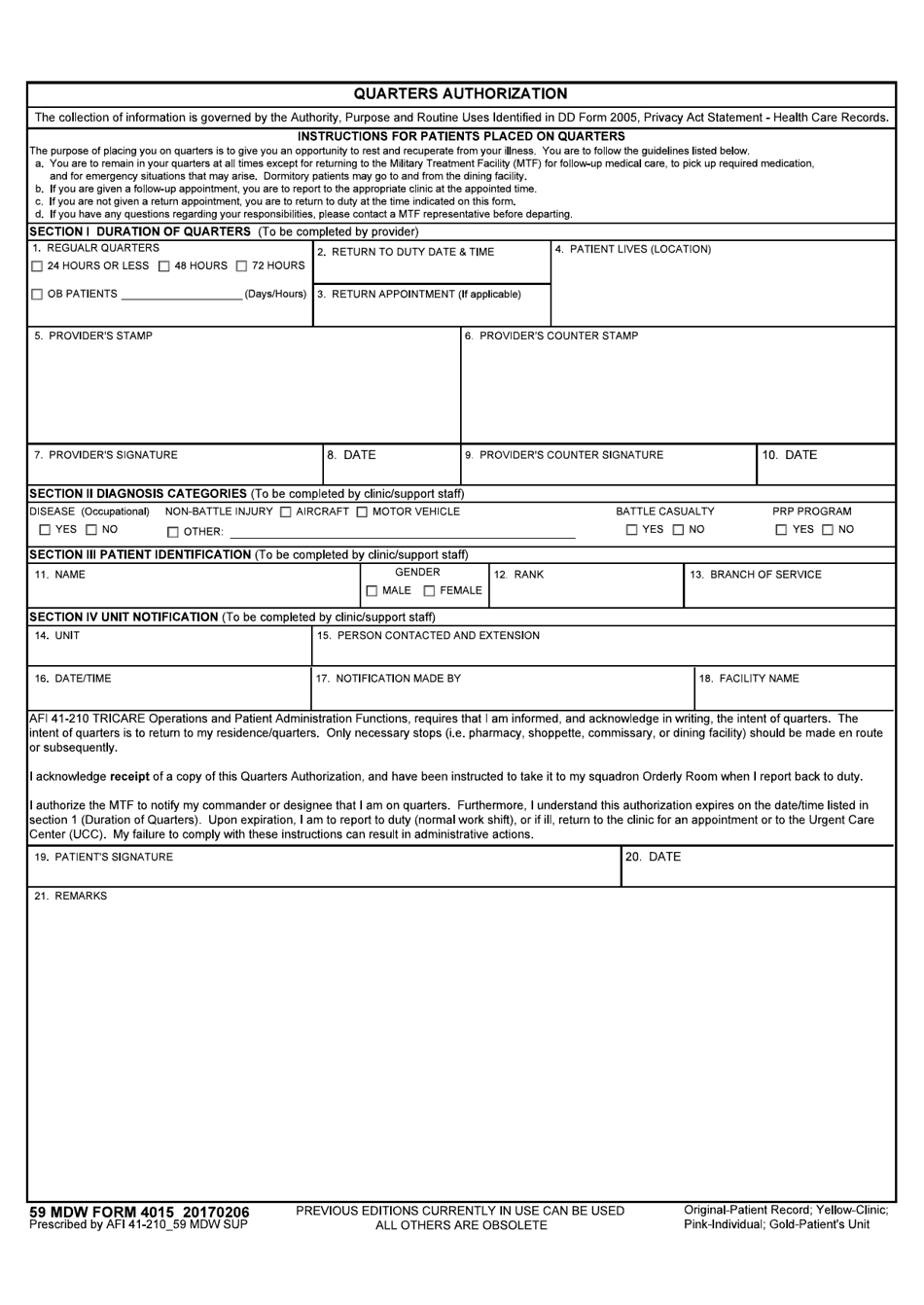 59 MDW Form 4015 Quarters Authorization, Page 1