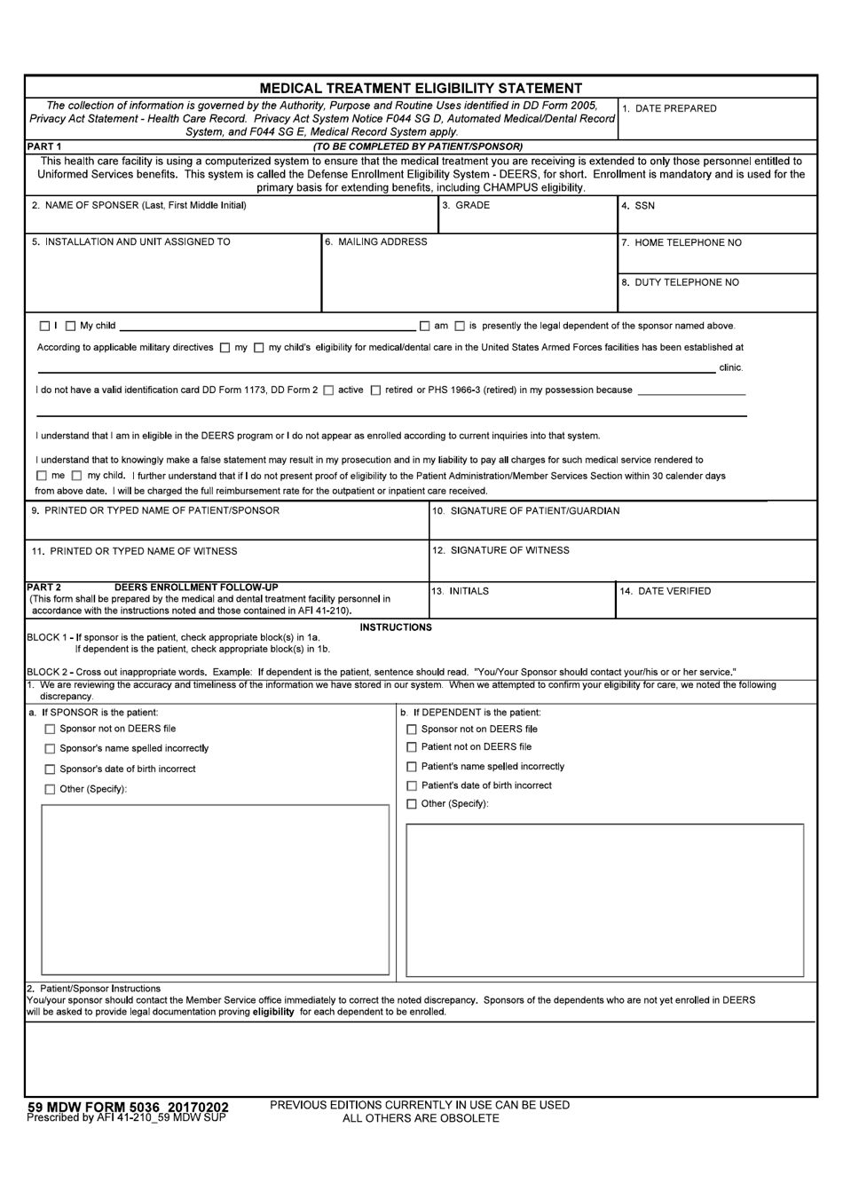 59 MDW Form 5036 Medical Treatment Eligibility Statement, Page 1
