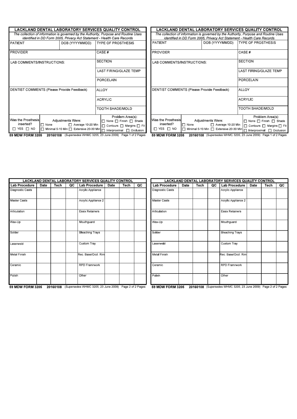 59 MDW Form 3205 Lackland Dental Laboratory Services Quality Control, Page 1