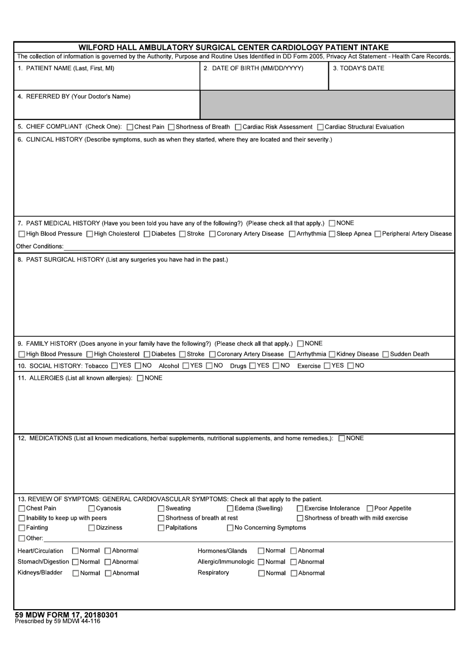 59 MDW Form 17 Wilford Hall Ambulatory Surgical Center Cardiology Patient Intake, Page 1