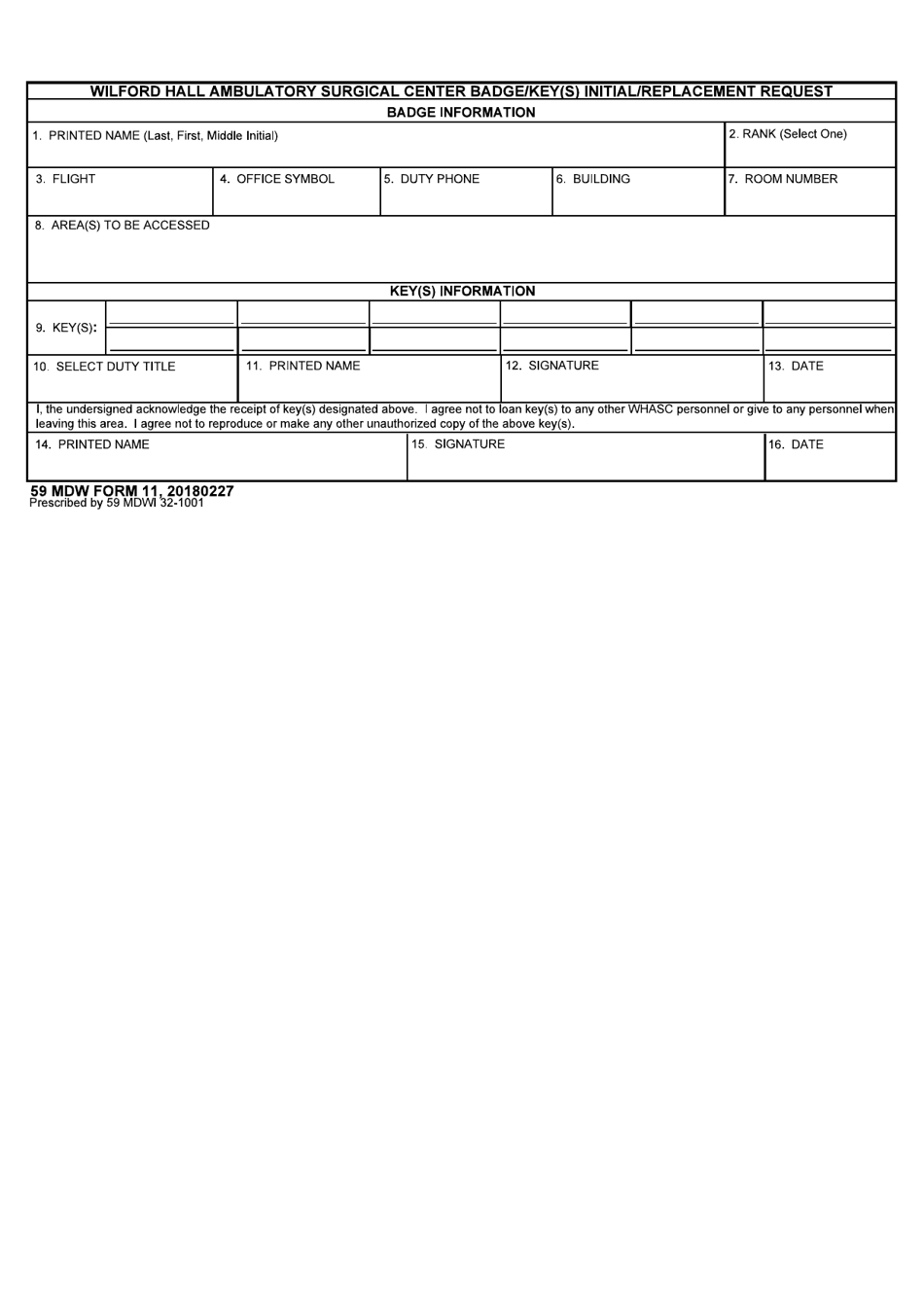 59 MDW Form 11 Wilford Hall Ambulatory Surgical Center Badge / Key(S) Initial / Replacement Request, Page 1