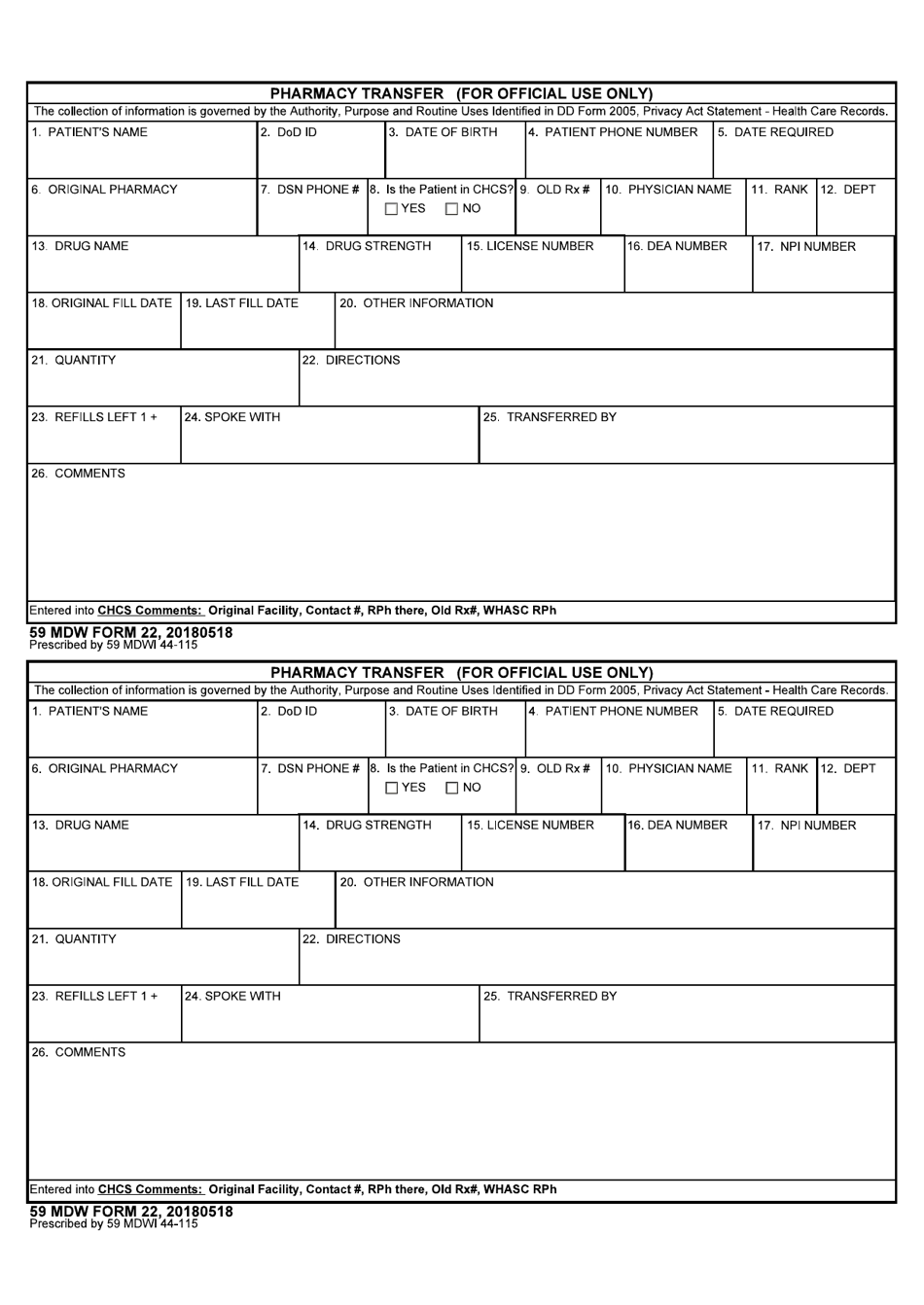 59 MDW Form 22 Pharmacy Transfer, Page 1