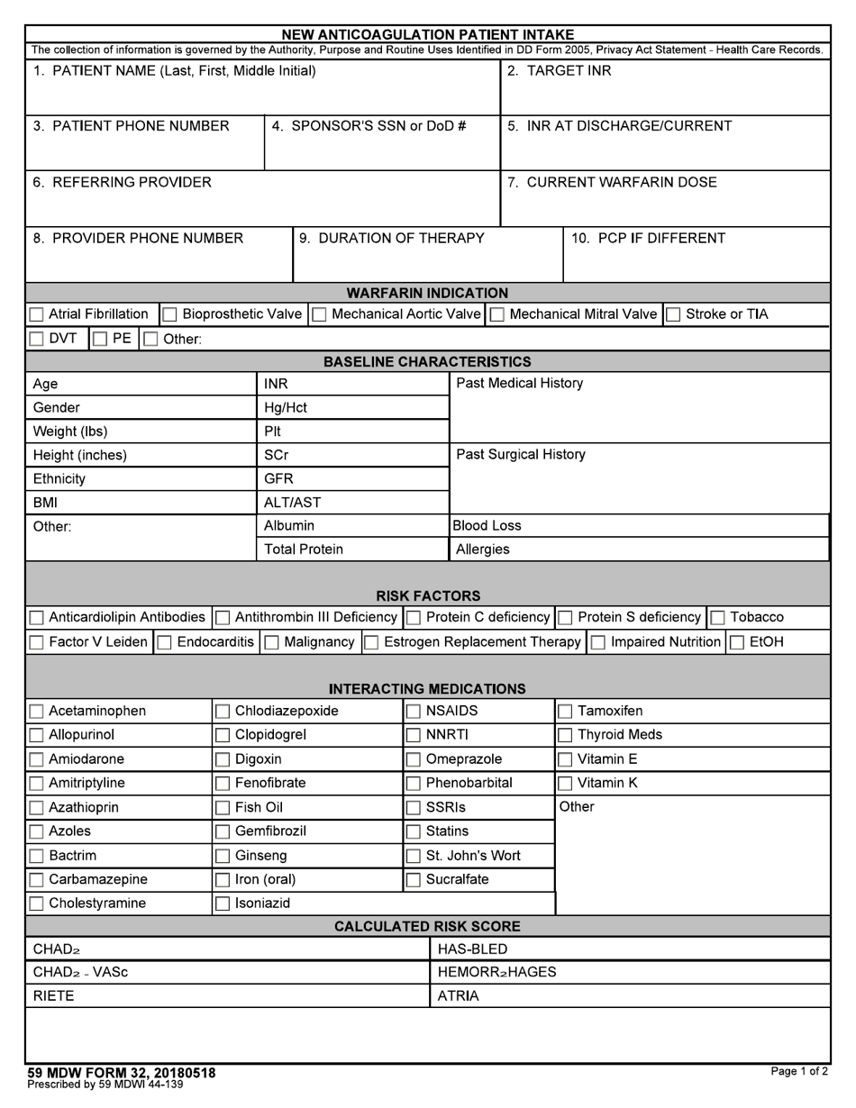 59 MDW Form 32 New Anticoagulation Patient Intake, Page 1