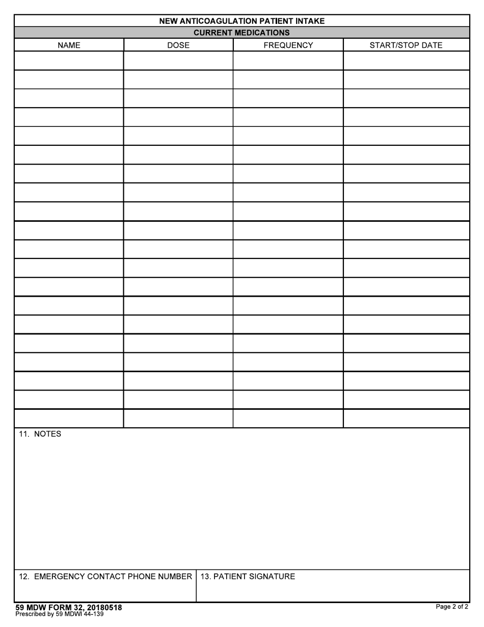 59 MDW Form 32 New Anticoagulation Patient Intake, Page 2