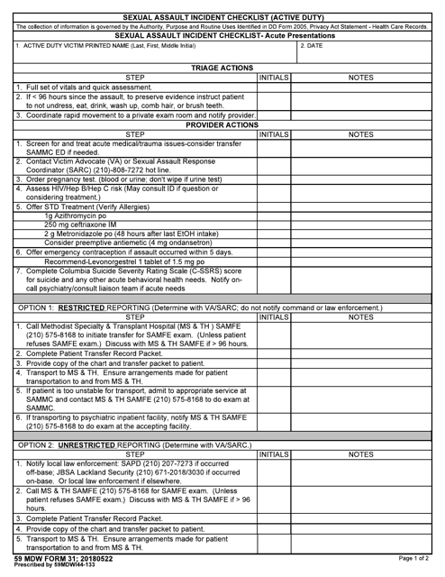 59 MDW Form 31 Sexual Assault Incident Checklist (Active Duty)